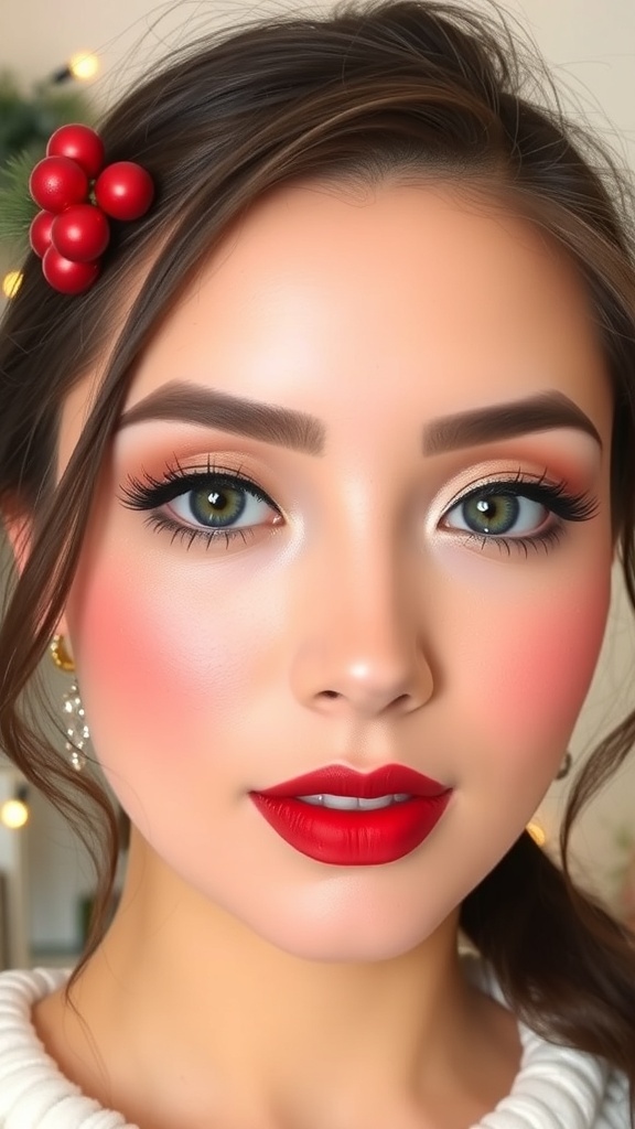 Japanese Christmas makeup look with radiant skin, pink blush, red lips, and festive eye makeup.